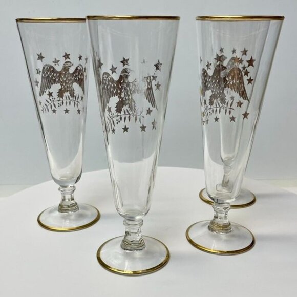 Set of 4 Vintage Champagne or Pilsner Gold Eagle Glasses with Patriotic Design - Picture 3 of 8